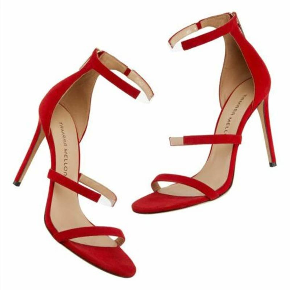 Tamara Mellon Reverse Frontline 105 Red Suede Heeled Sandals Women's Size 37.5